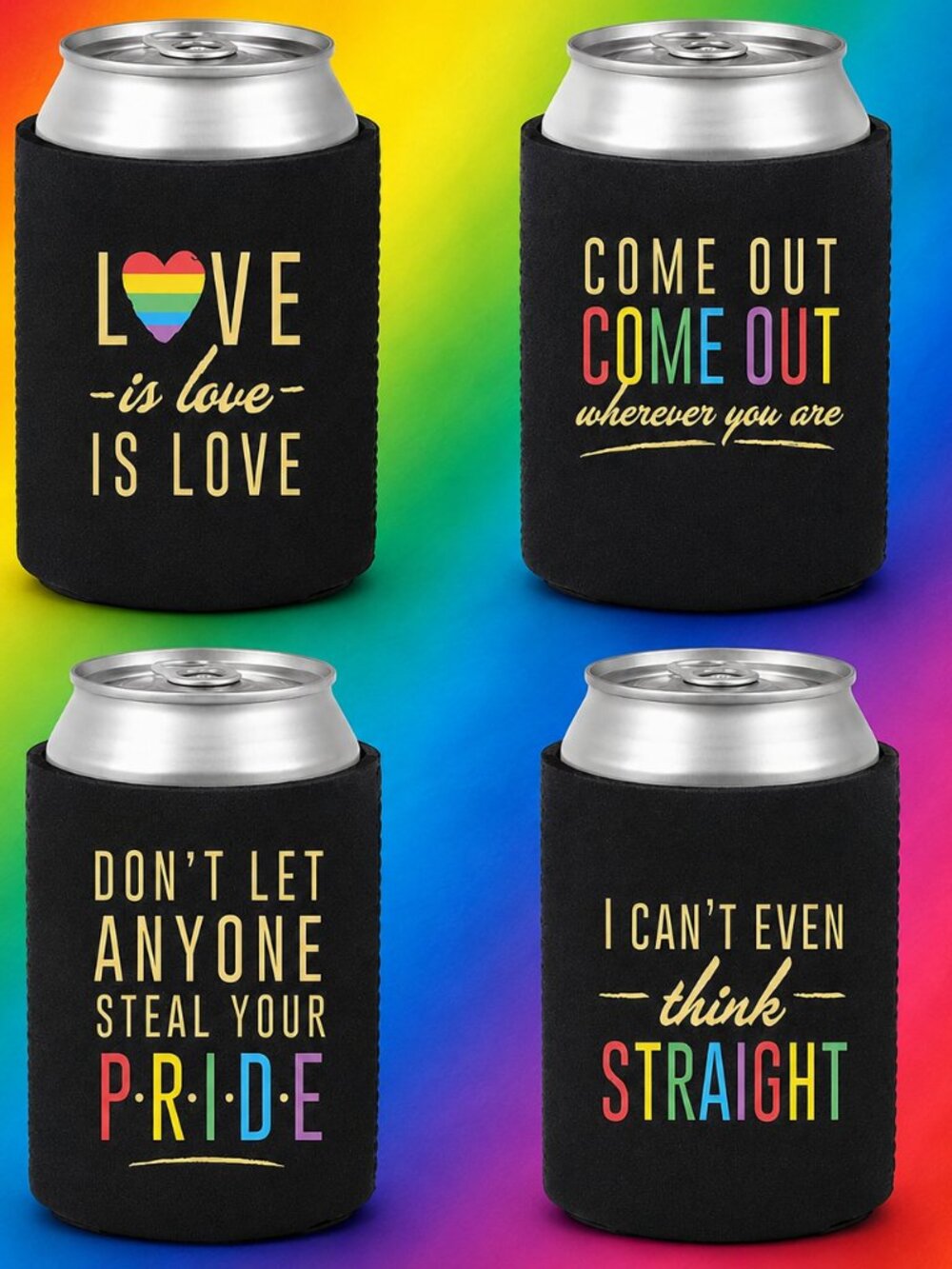 Pride Drink Koozies w Rainbow Colors and Fun Sayings in Gold Set of 4